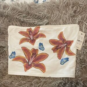 PacSun Cream Tank Top with Orange Floral and Blue Butterfly Design